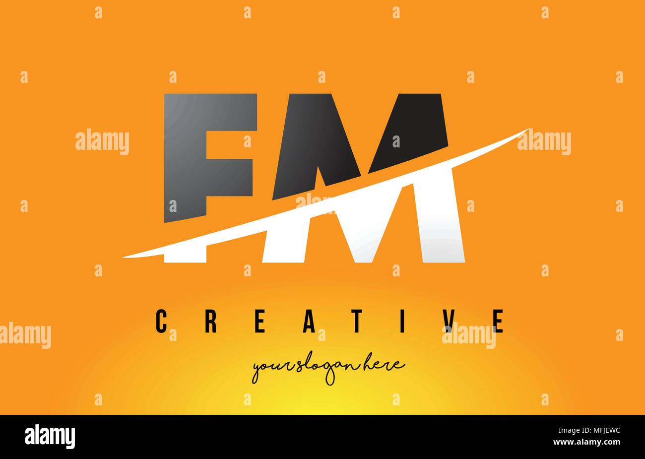 FM F M Letter Modern Logo Design with Swoosh Cutting the Middle Letters and Yellow Background. Stock Vector