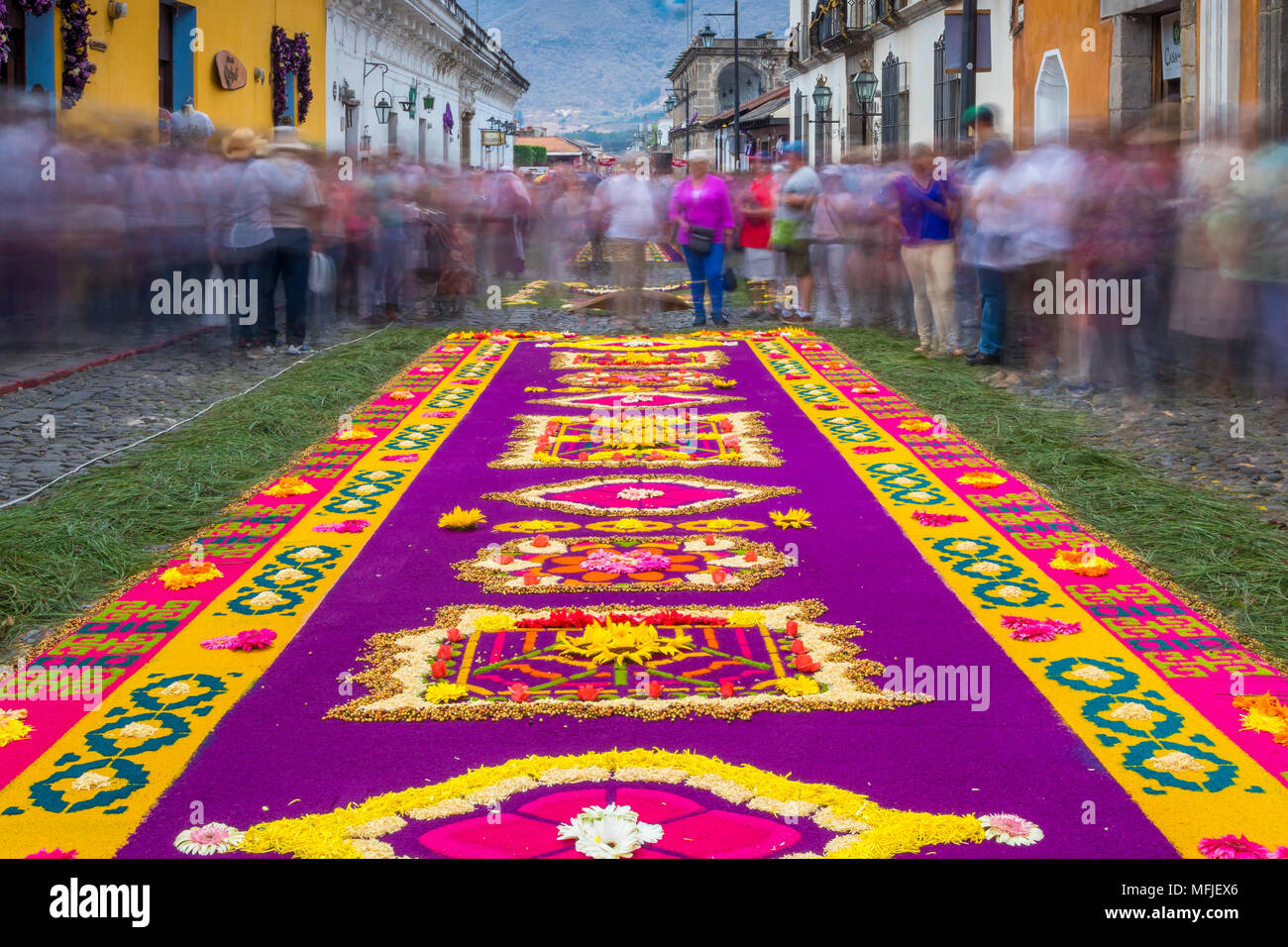 Sawdust carpet for the Good Friday procession during Holy Week 2017 in Antigua, Guatemala, Central America Stock Photo