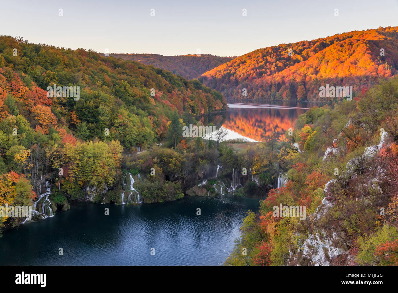 Elevated view over the Lower Lakes at sunrise inside Plitvice Lakes National Park during autumn, UNESCO World Heritage Site, Croatia, Europe Stock Photo