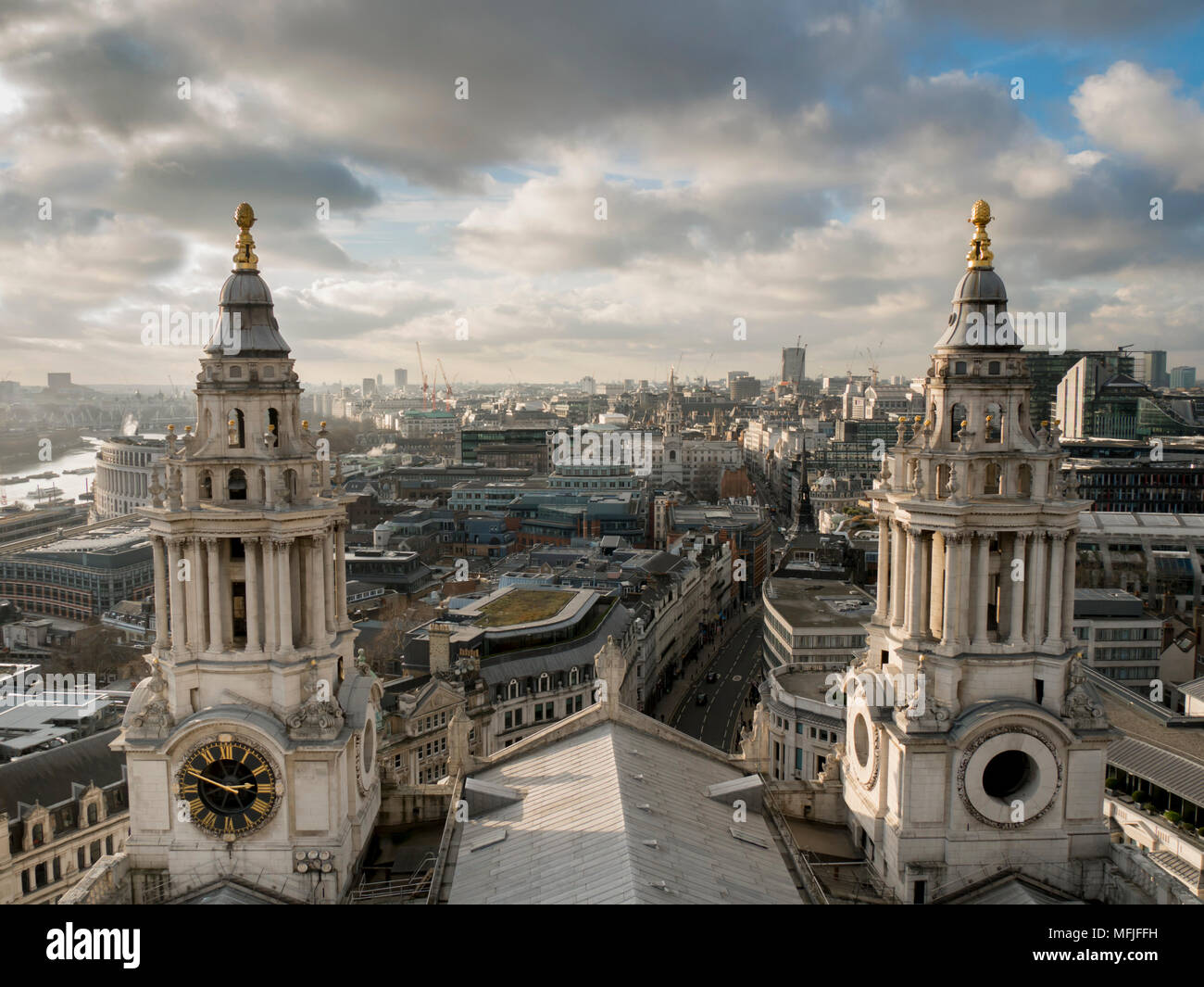 St. Pauls Cathedral twin spires frame cityscape, London, England, United Kingdom, Europe Stock Photo