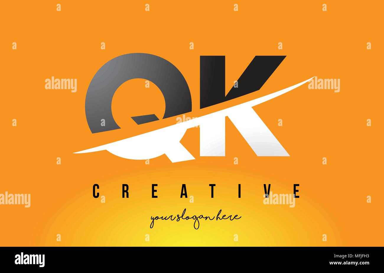 QK Q K Letter Modern Logo Design with Swoosh Cutting the Middle Letters and Yellow Background. Stock Vector