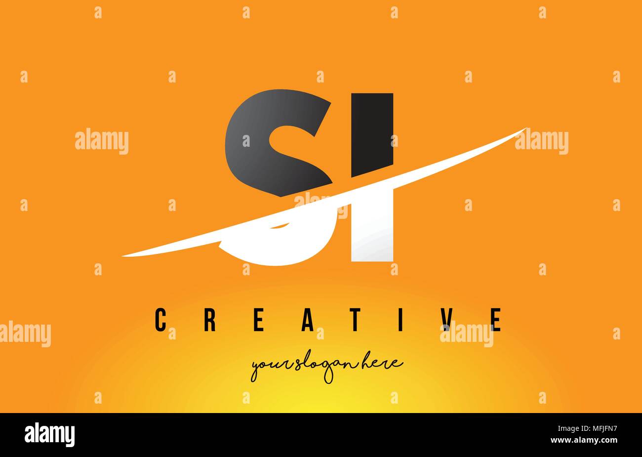 SI S I Letter Modern Logo Design with Swoosh Cutting the Middle Letters and Yellow Background. Stock Vector