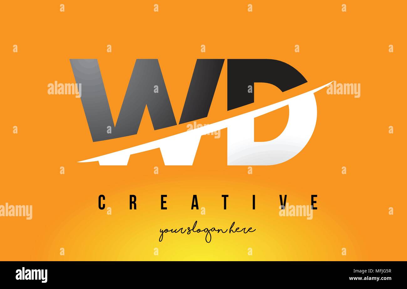 WD W D Letter Modern Logo Design with Swoosh Cutting the Middle Letters and Yellow Background. Stock Vector