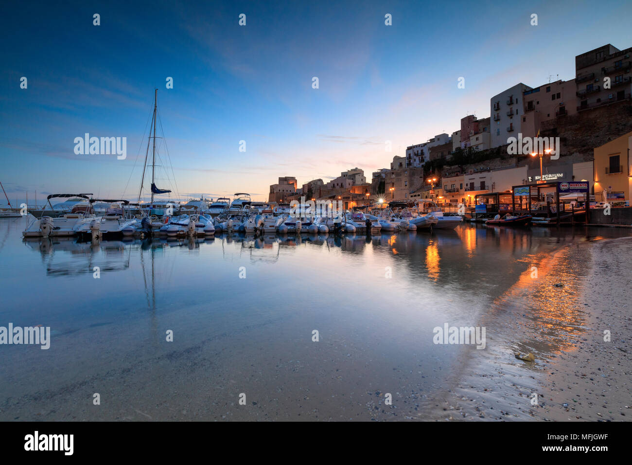 Harbor at sunrise, Castellammare del Golfo, province of Trapani, Sicily, Italy, Mediterranean, Europe Stock Photo