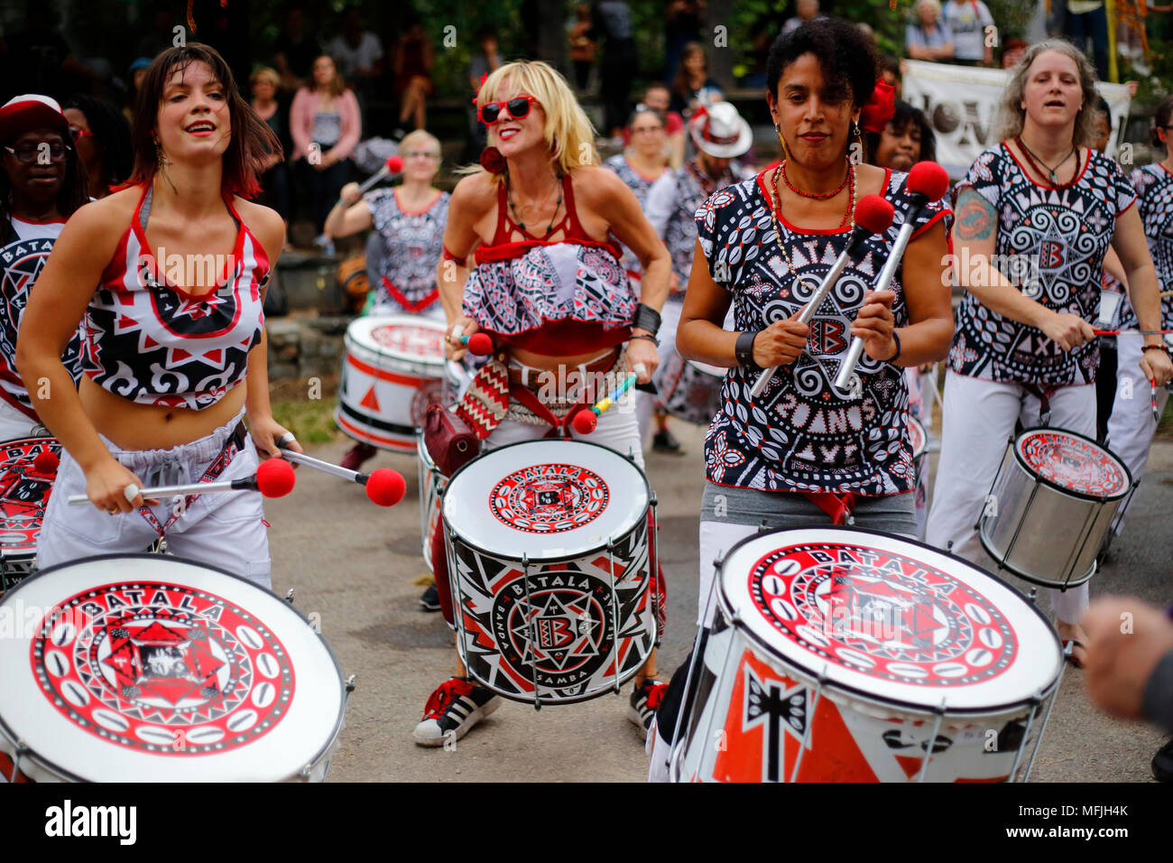 A group of women drumming with Batala NYC at a community garden celebration in New York, NY. October 15, 2017 Stock Photo