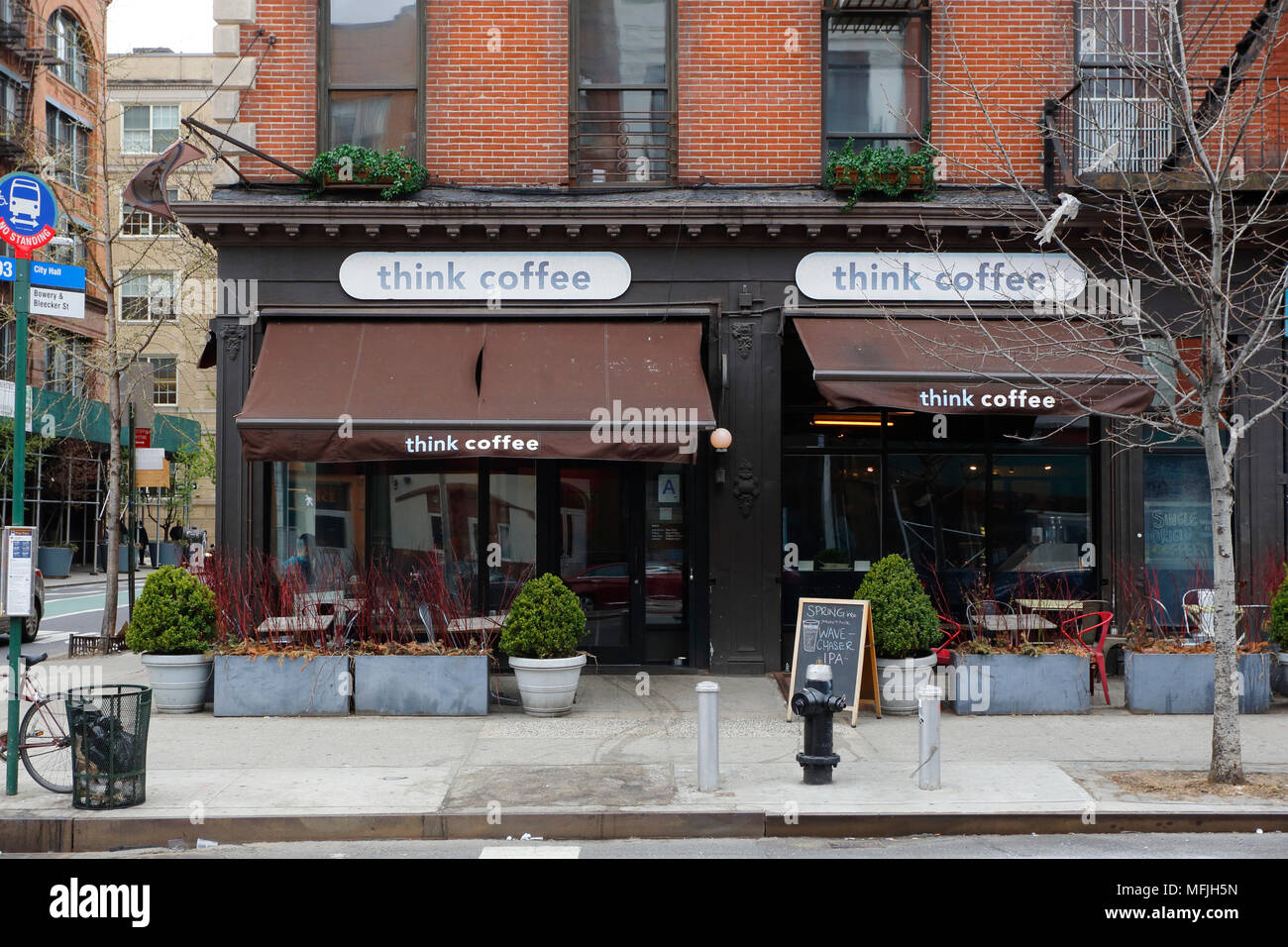 Think Coffee, 1 Bleecker St, New York, NY. exterior storefront of a coffee  shop, and sidewalk cafe in the East Village neighborhood of Manhattan Stock  Photo - Alamy