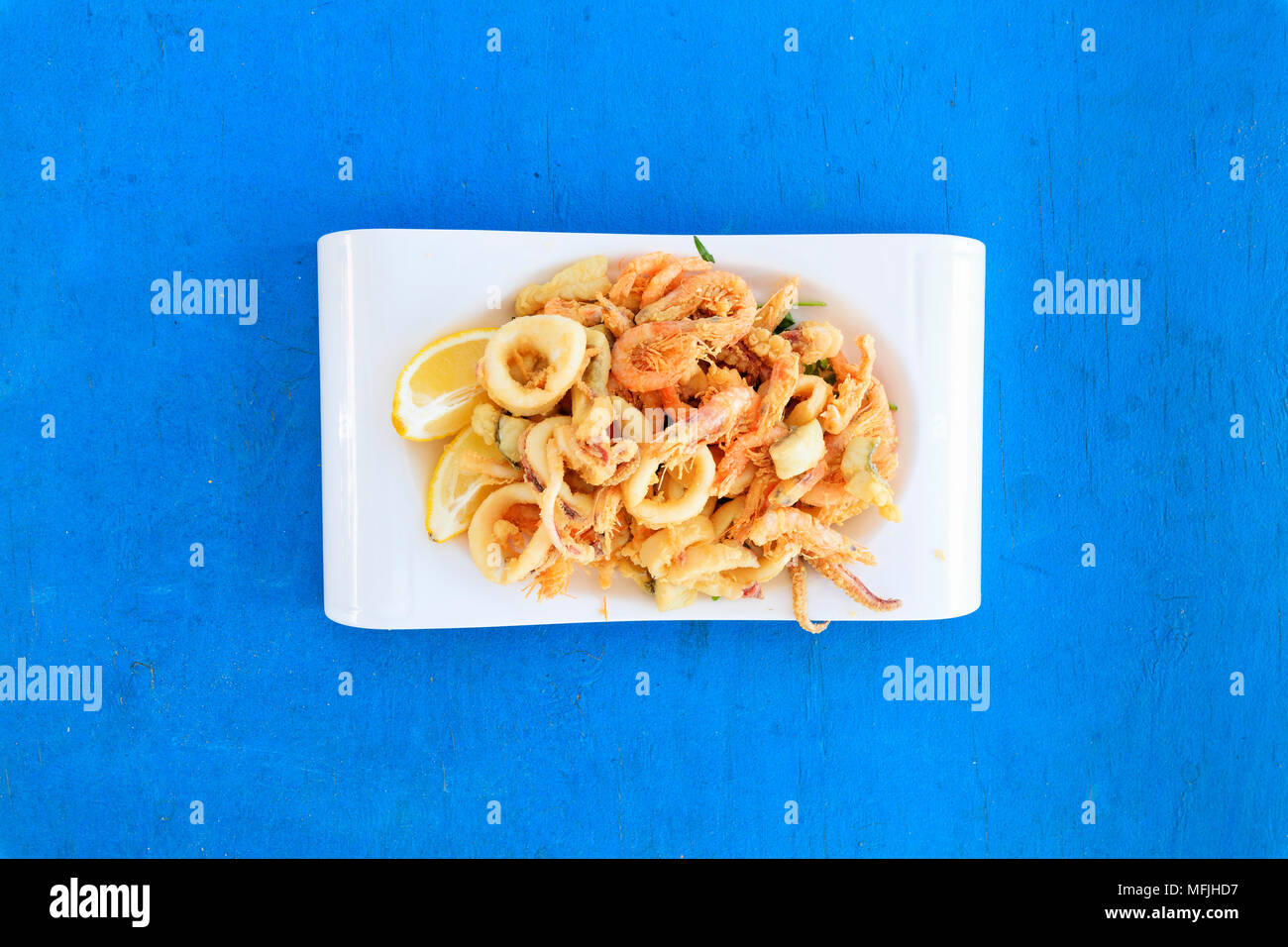 Fried seafood on platter, Sicily, Italy, Europe Stock Photo