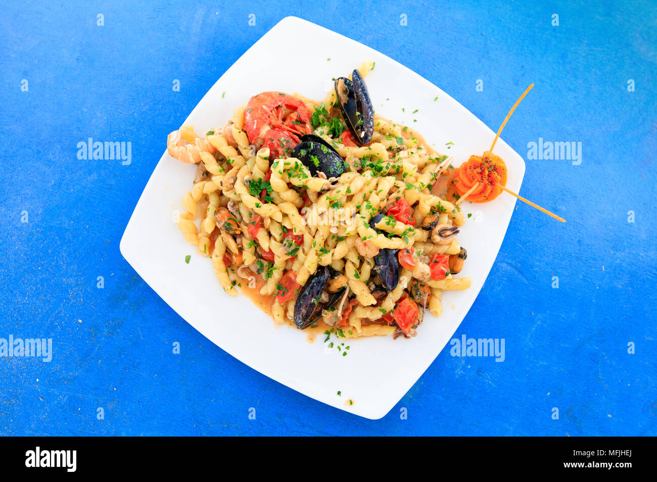 Pasta with seafood on platter, Sicily, Italy, Europe Stock Photo