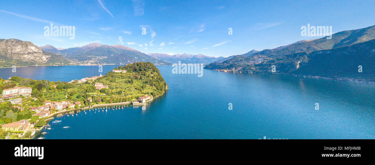 Panoramic aerial view of the village of Pescallo and Lake Como, Bellagio, Province of Como, Lombardy, Italian Lakes, Italy, Europe (Drone) Stock Photo
