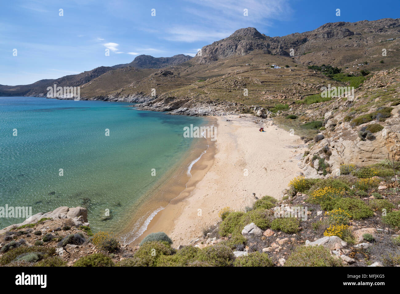 View over Kalo Ampeli beach near Livadi on island's south coast, Serifos, Cyclades, Aegean Sea, Greek Islands, Greece, Europe Stock Photo