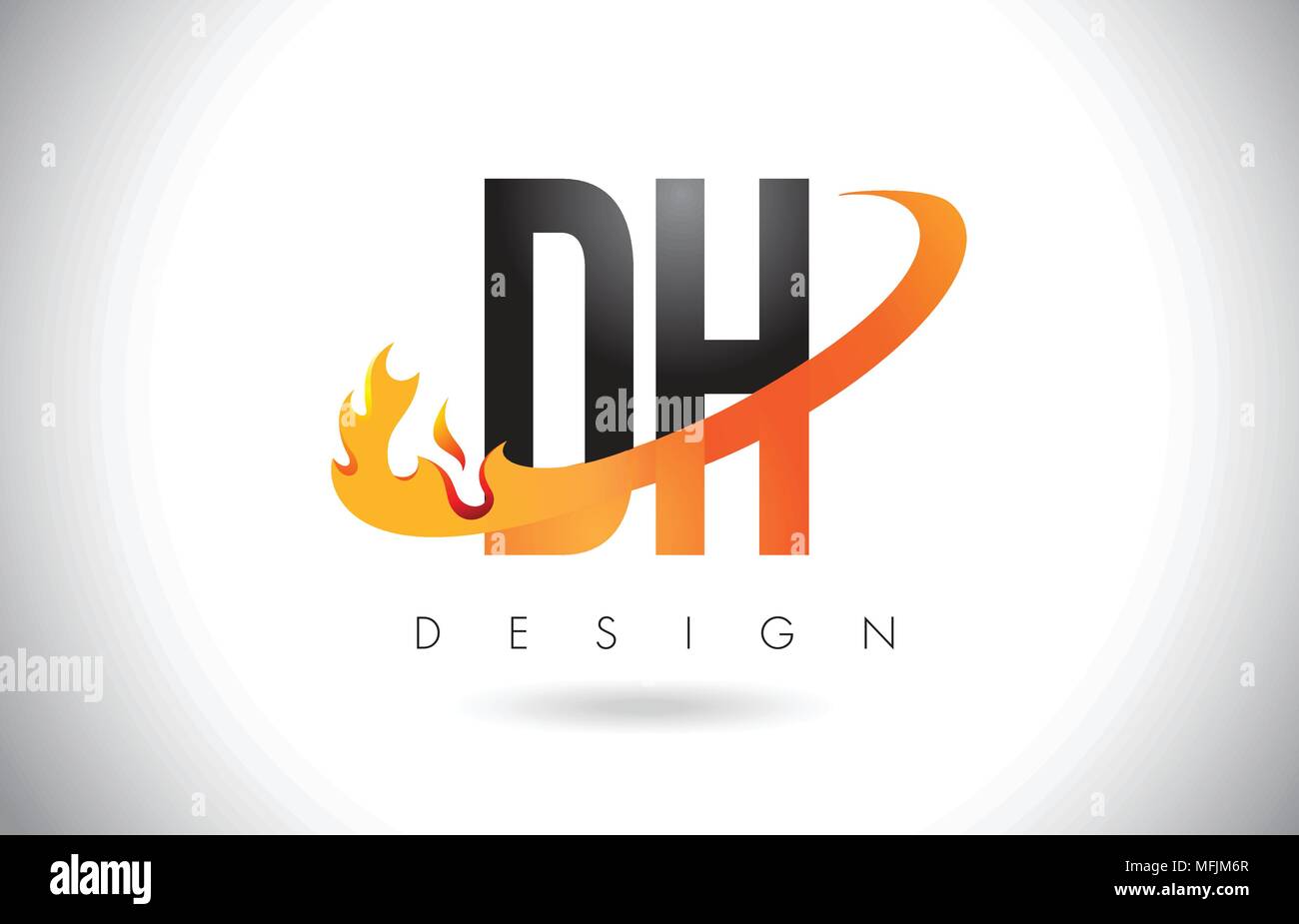 Dh D H Letter Logo Design With Fire Flames And Orange Swoosh Vector