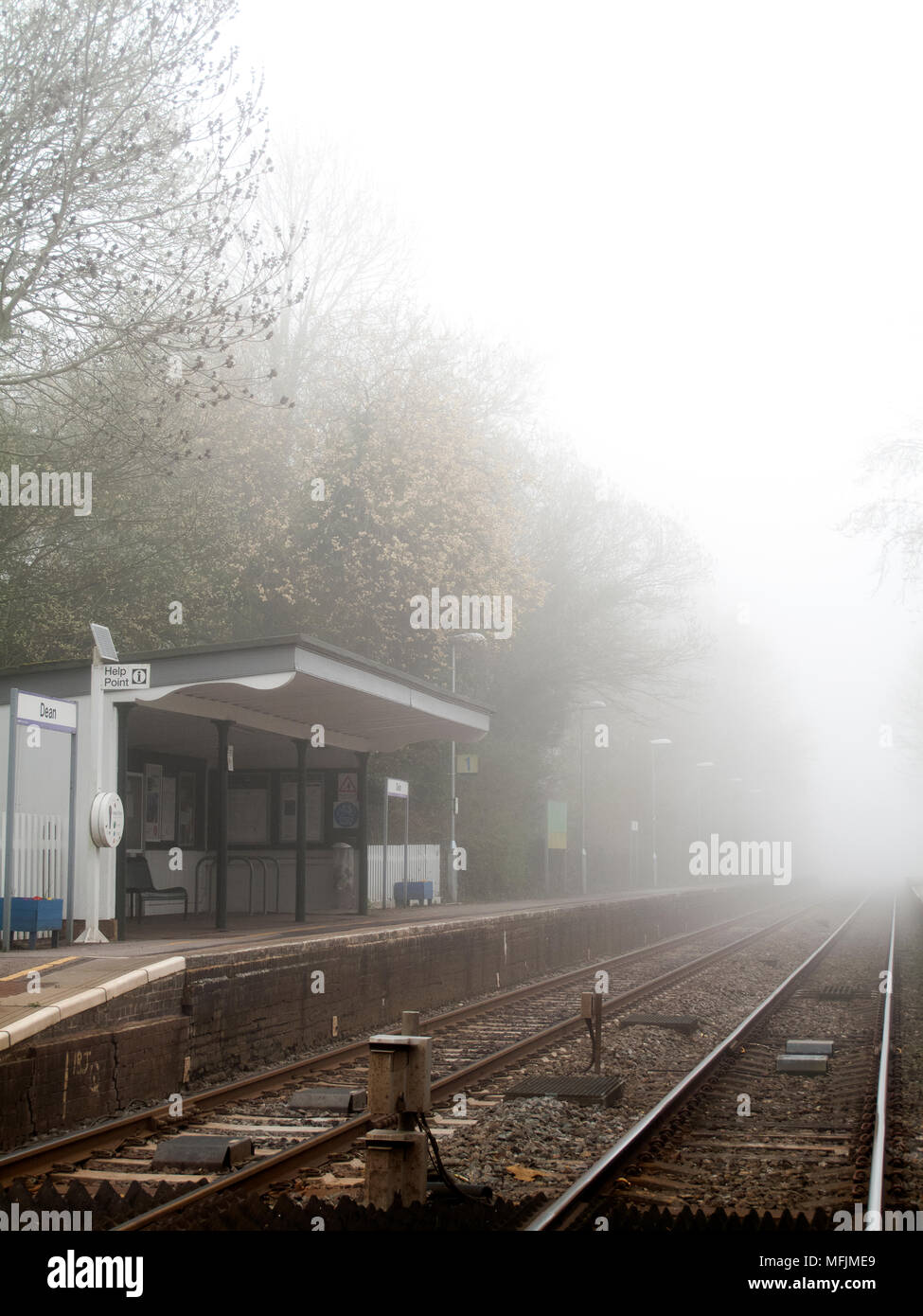 West Dean railway Station, early misty spring morning, located on the