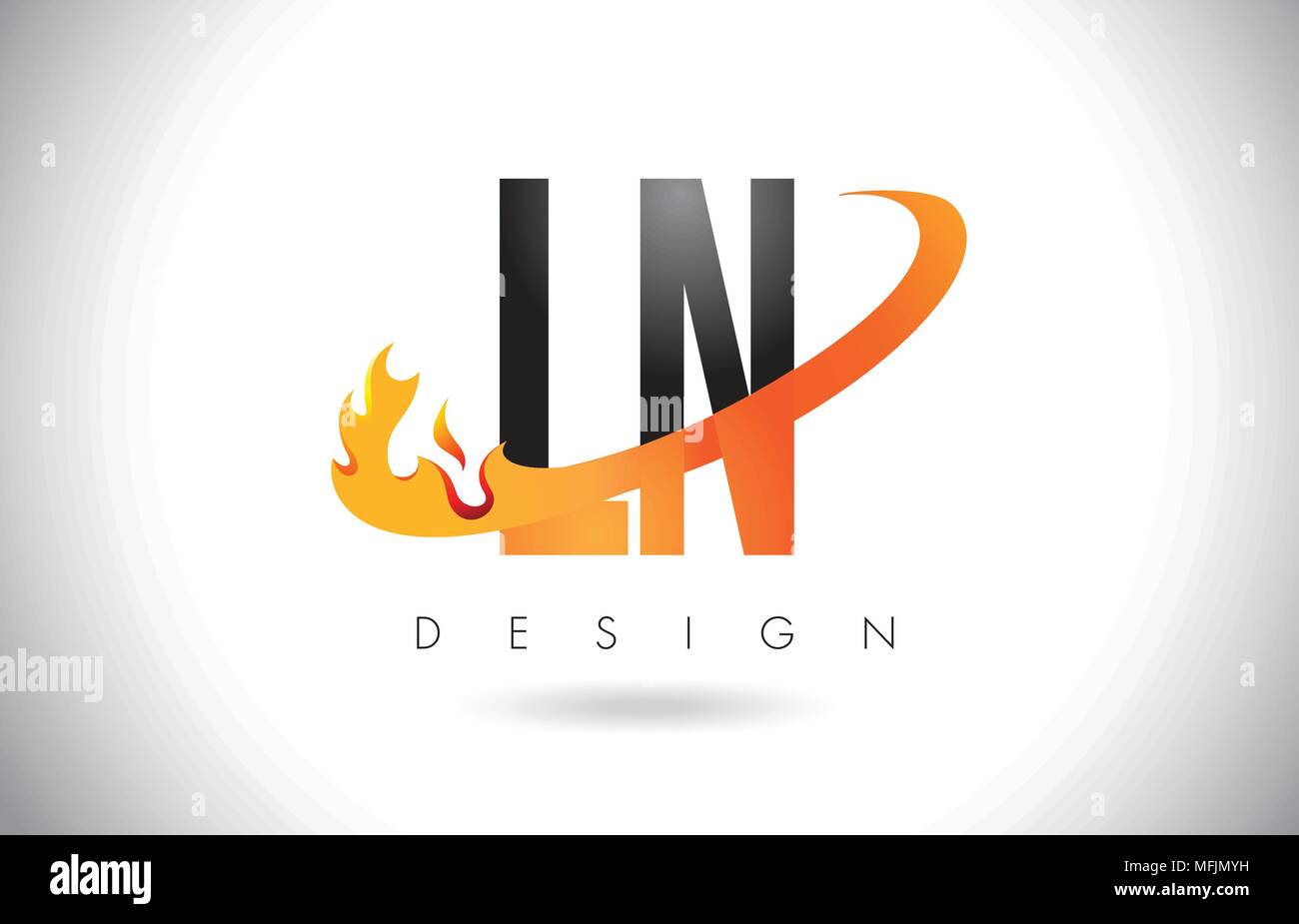 LN L N Letter Logo Design with Fire Flames and Orange Swoosh Vector Illustration. Stock Vector