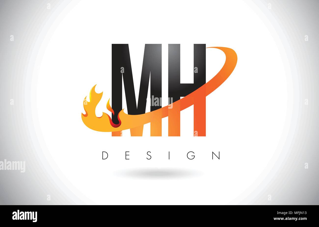MH M H Letter Logo Design with Fire Flames and Orange Swoosh Vector ...