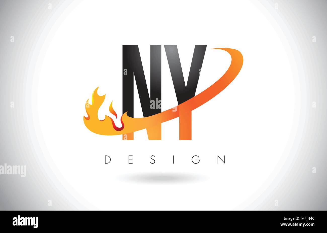 NY N Y Letter Logo Design with Fire Flames and Orange Swoosh Vector Illustration. Stock Vector