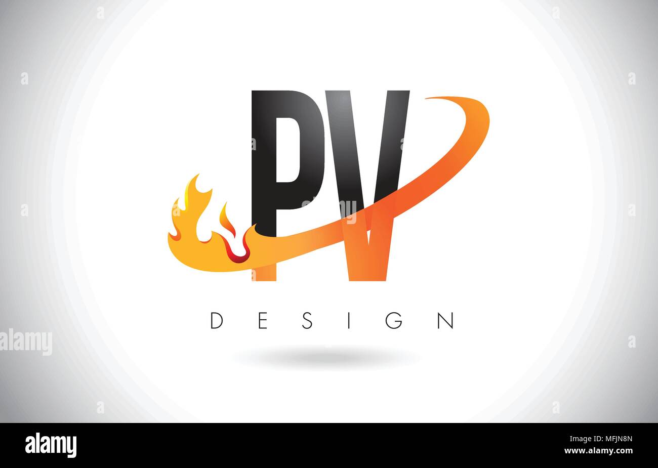 PV P V Letter Logo Design with Fire Flames and Orange Swoosh Vector ...