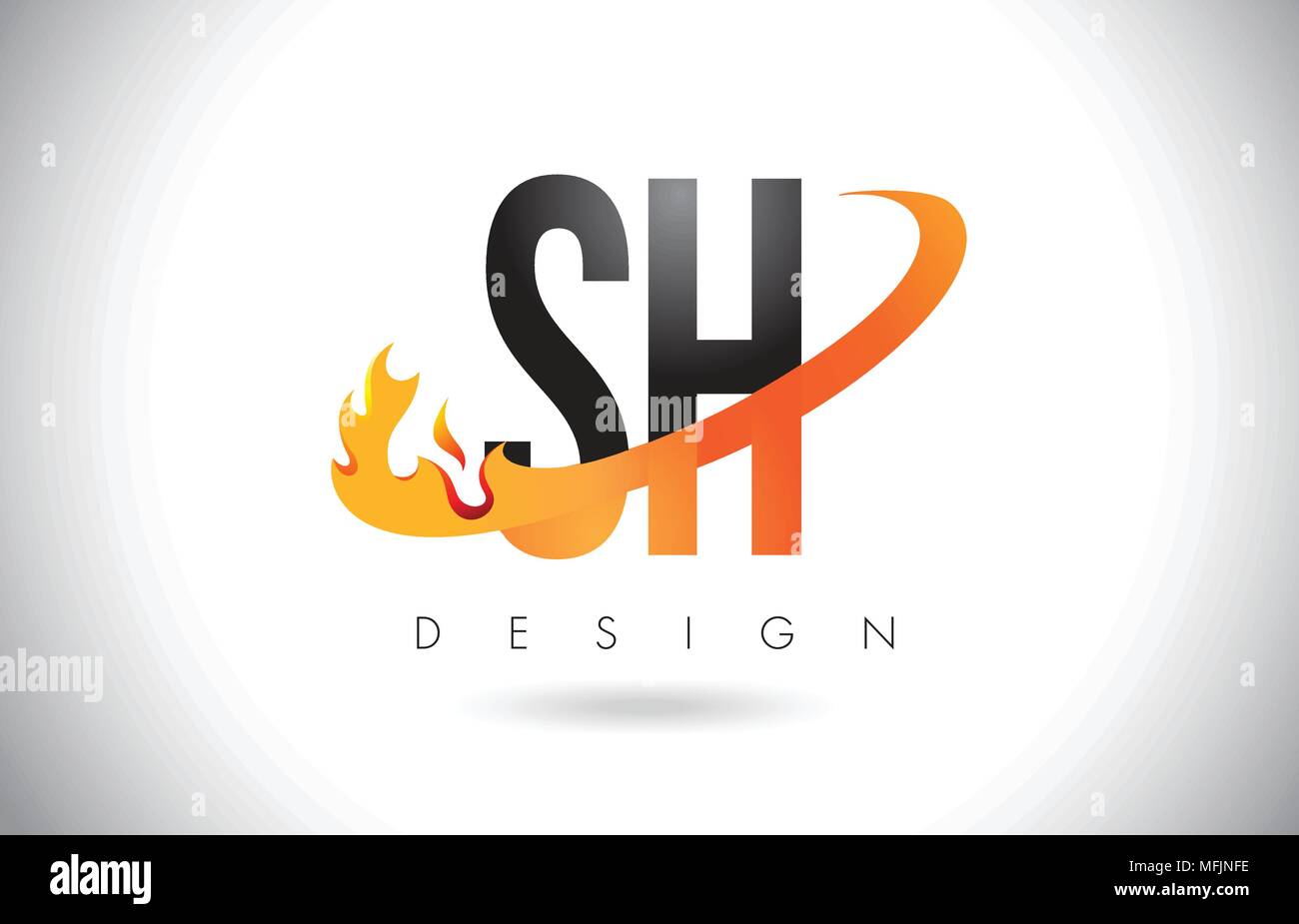SH S H Letter Logo Design with Fire Flames and Orange Swoosh Vector ...