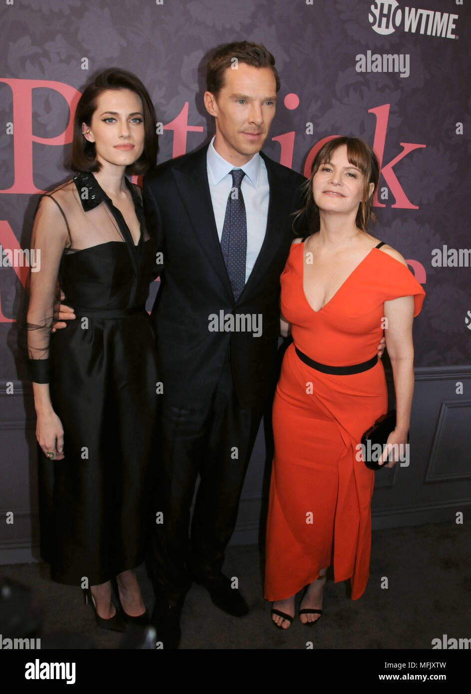 LOS ANGELES, CA - APRIL 25:  (L-R) Actress Allison Williams, actor Benedict Cumberbatch and actress Jennifer Jason Leigh attend the Premiere of Showtime's 'Patrick Melrose' at the Linwood Dunn Theater on April 25, 2018 in Los Angeles, California. Photo by Barry King/Alamy Live News Stock Photo