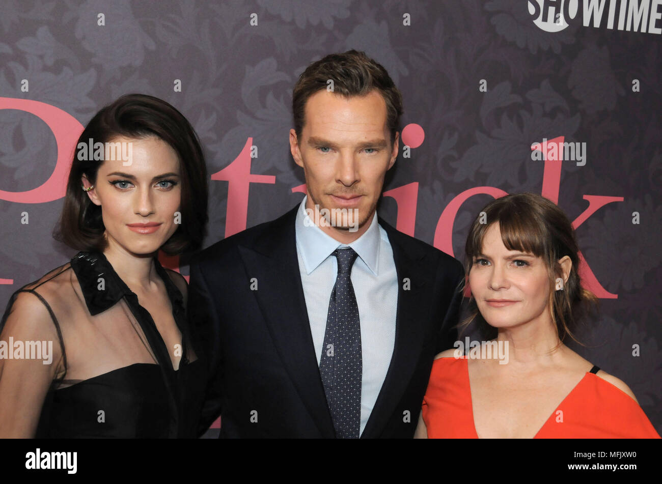 LOS ANGELES, CA - APRIL 25:  (L-R) Actress Allison Williams, actor Benedict Cumberbatch and actress Jennifer Jason Leigh attend the Premiere of Showtime's 'Patrick Melrose' at the Linwood Dunn Theater on April 25, 2018 in Los Angeles, California. Photo by Barry King/Alamy Live News Stock Photo