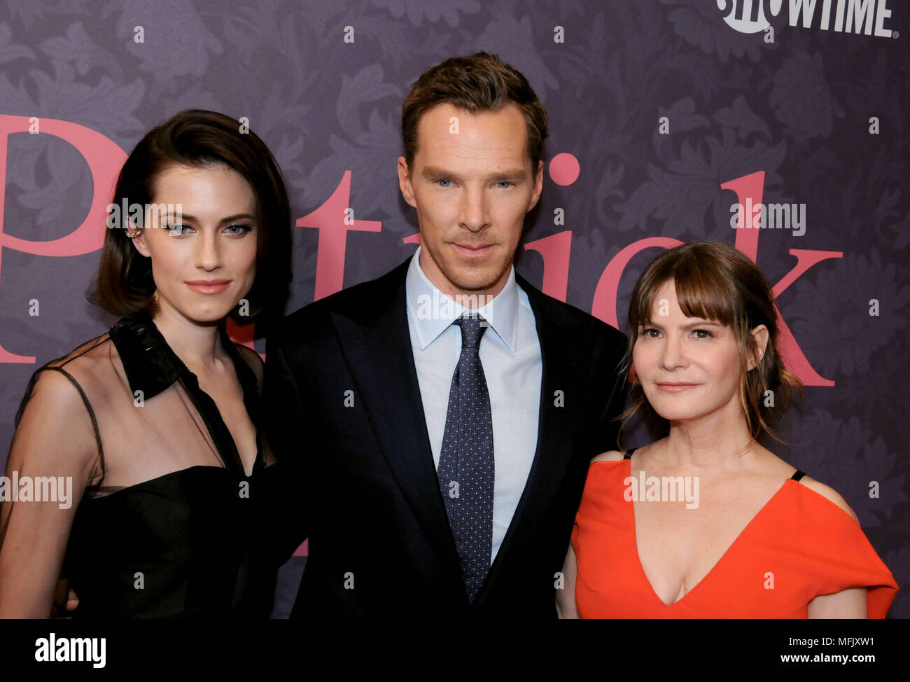 LOS ANGELES, CA - APRIL 25:  (L-R) Actress Allison Williams, actor Benedict Cumberbatch and actress Jennifer Jason Leigh attend the Premiere of Showtime's 'Patrick Melrose' at the Linwood Dunn Theater on April 25, 2018 in Los Angeles, California. Photo by Barry King/Alamy Live News Stock Photo