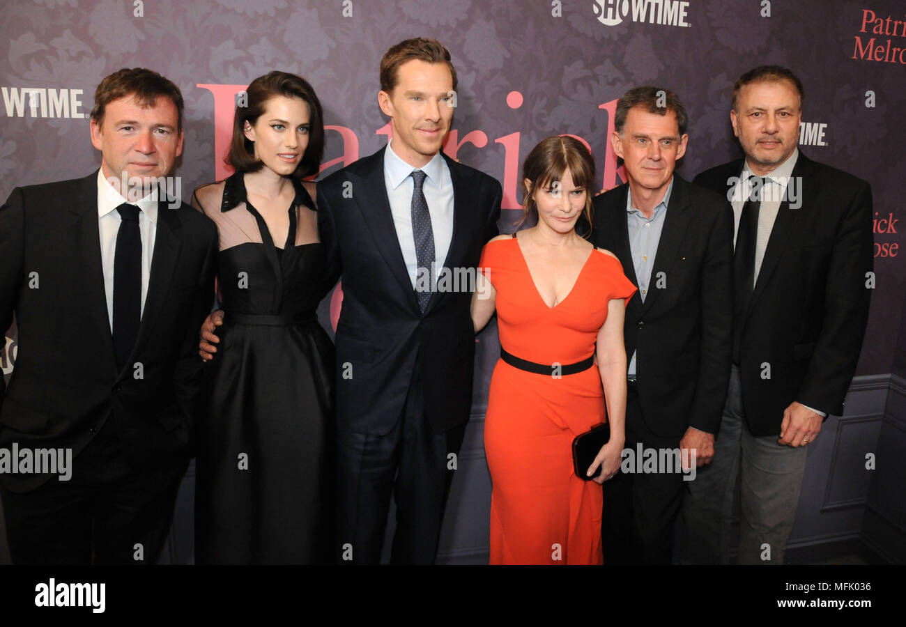 LOS ANGELES, CA - APRIL 25:  (L-R) Executive producer David Nicholls, actress Allison Williams, actor Benedict Cumberbatch, actress Jennifer Jason Leigh, executive producer Michael Jackson and President of Programming, Showtime Networks, Gary Levine attend the Premiere of Showtime's 'Patrick Melrose' at the Linwood Dunn Theater on April 25, 2018 in Los Angeles, California. Photo by Barry King/Alamy Live News Stock Photo