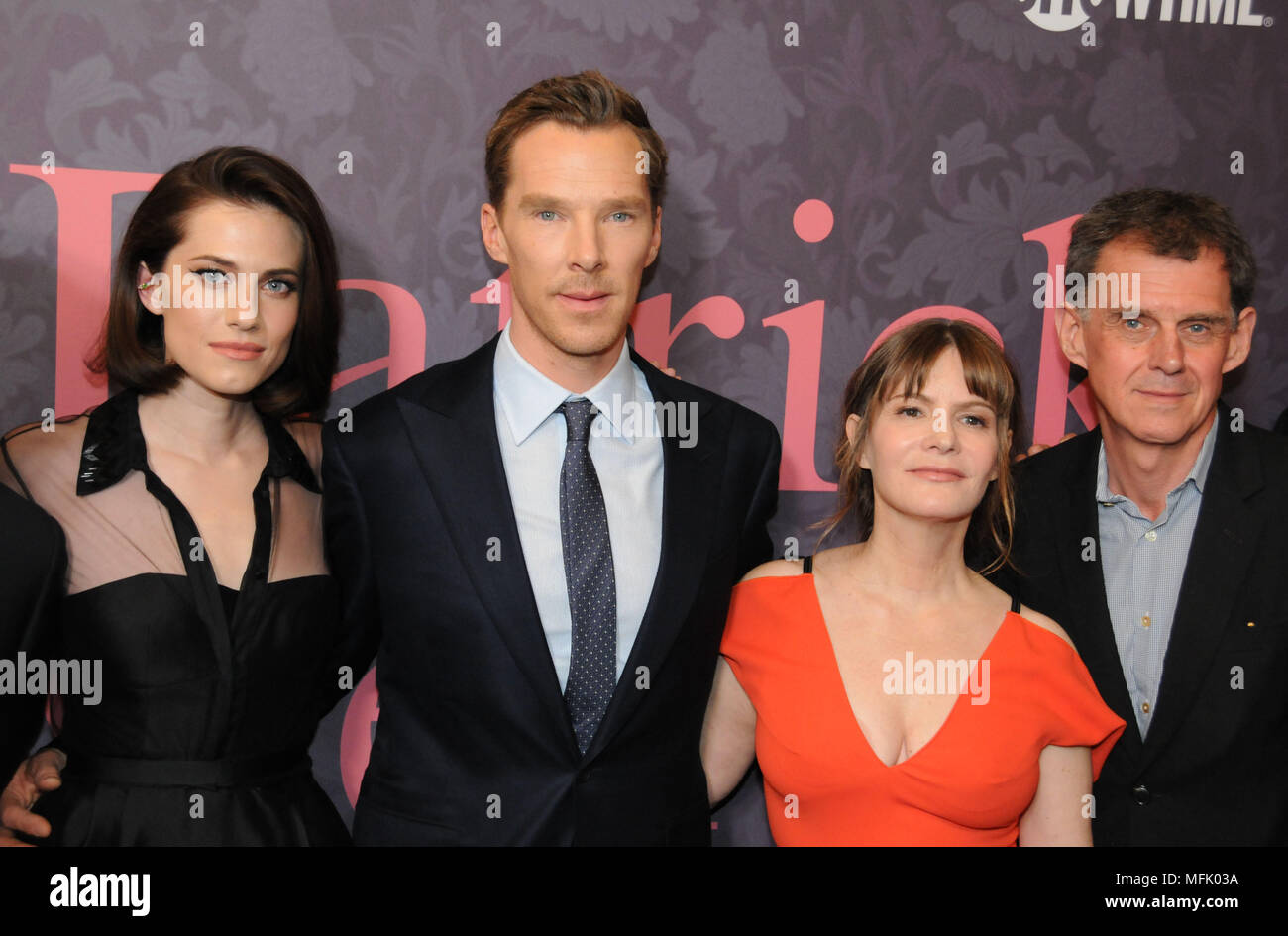 LOS ANGELES, CA - APRIL 25:  (L-R) Actress Allison Williams, actor Benedict Cumberbatch, actress Jennifer Jason Leigh and executive producer Michael Jackson attend the Premiere of Showtime's 'Patrick Melrose' at the Linwood Dunn Theater on April 25, 2018 in Los Angeles, California. Photo by Barry King/Alamy Live News Stock Photo