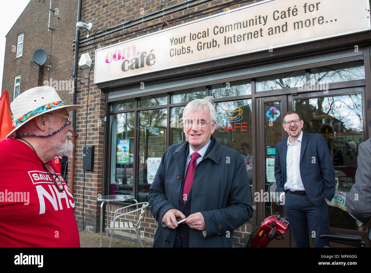 West Drayton, UK. 26th April, 2018. Shadow Chancellor John McDonnell and Shadow Secretary of State for Communities and Local Government Andrew Gwynne take part in local election campaigning for the Labour Party in Hillingdon. Credit: Mark Kerrison/Alamy Live News Stock Photo