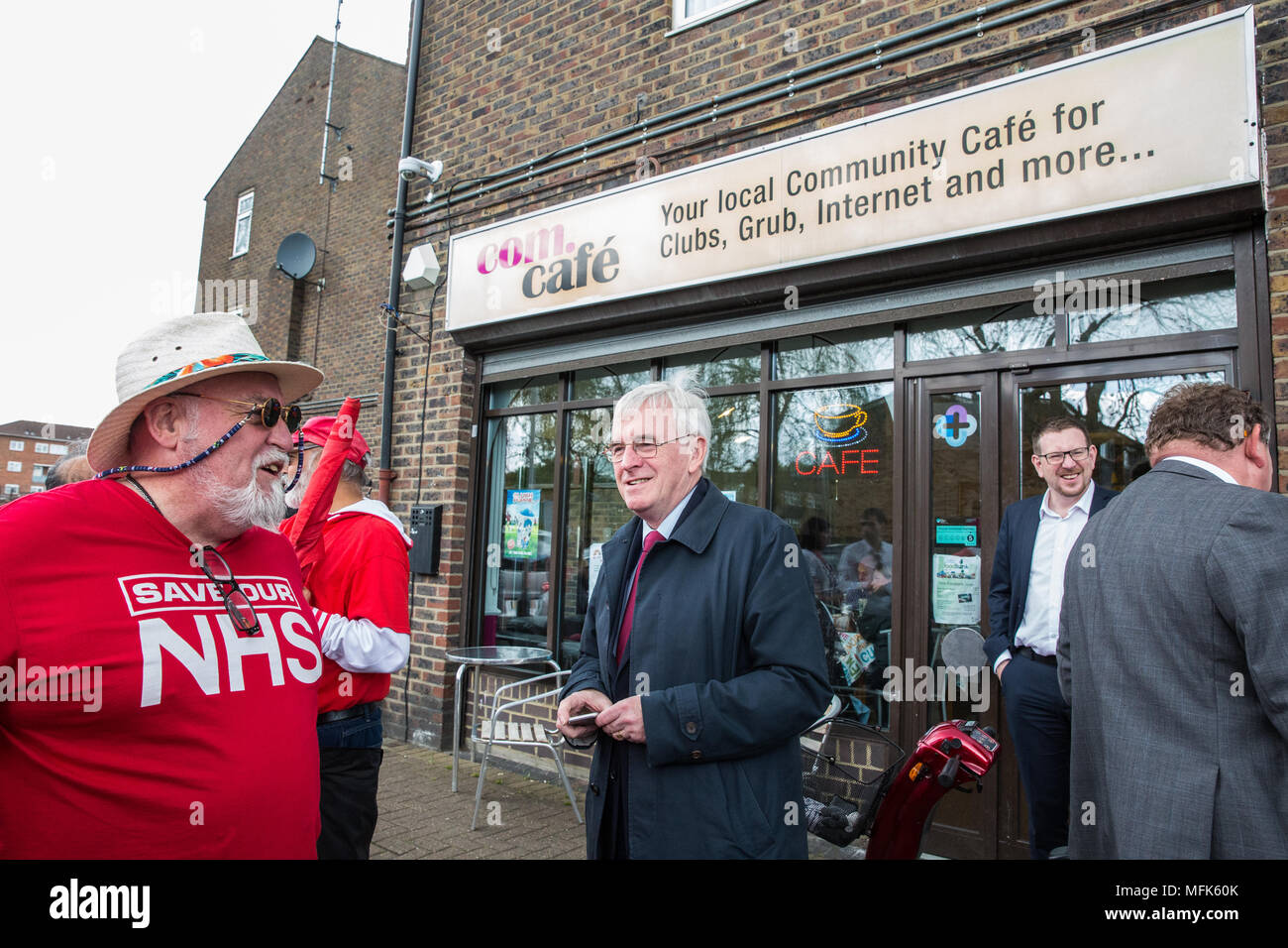 West Drayton, UK. 26th April, 2018. Shadow Chancellor John McDonnell and Shadow Secretary of State for Communities and Local Government Andrew Gwynne take part in local election campaigning for the Labour Party in Hillingdon. Credit: Mark Kerrison/Alamy Live News Stock Photo