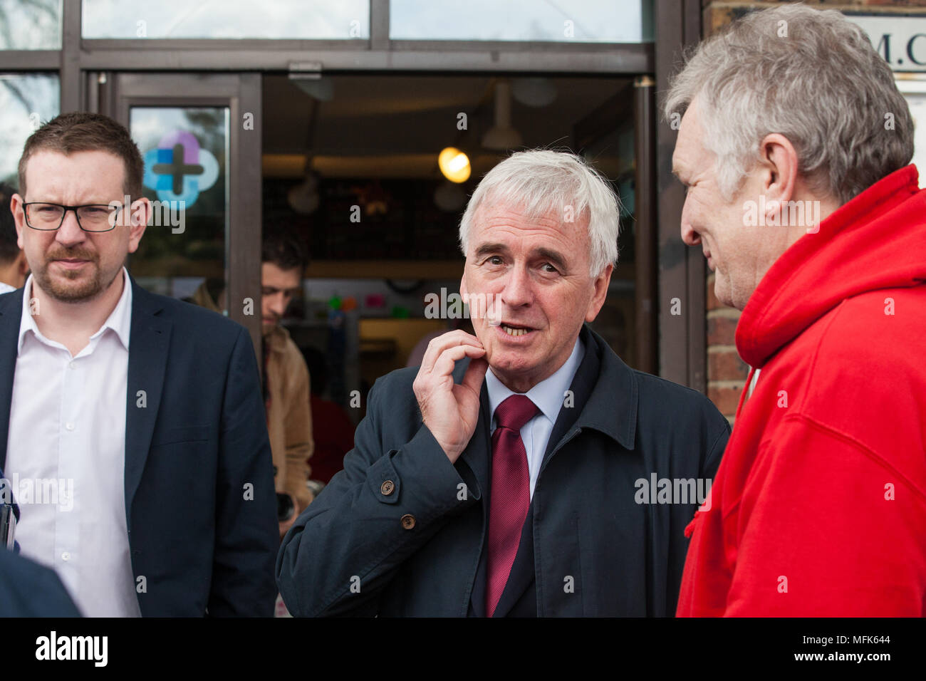 West Drayton, UK. 26th April, 2018. Shadow Chancellor John McDonnell joins local election campaigning for the Labour Party in Hillingdon with Shadow Secretary of State for Communities and Local Government Andrew Gwynne. Credit: Mark Kerrison/Alamy Live News Stock Photo