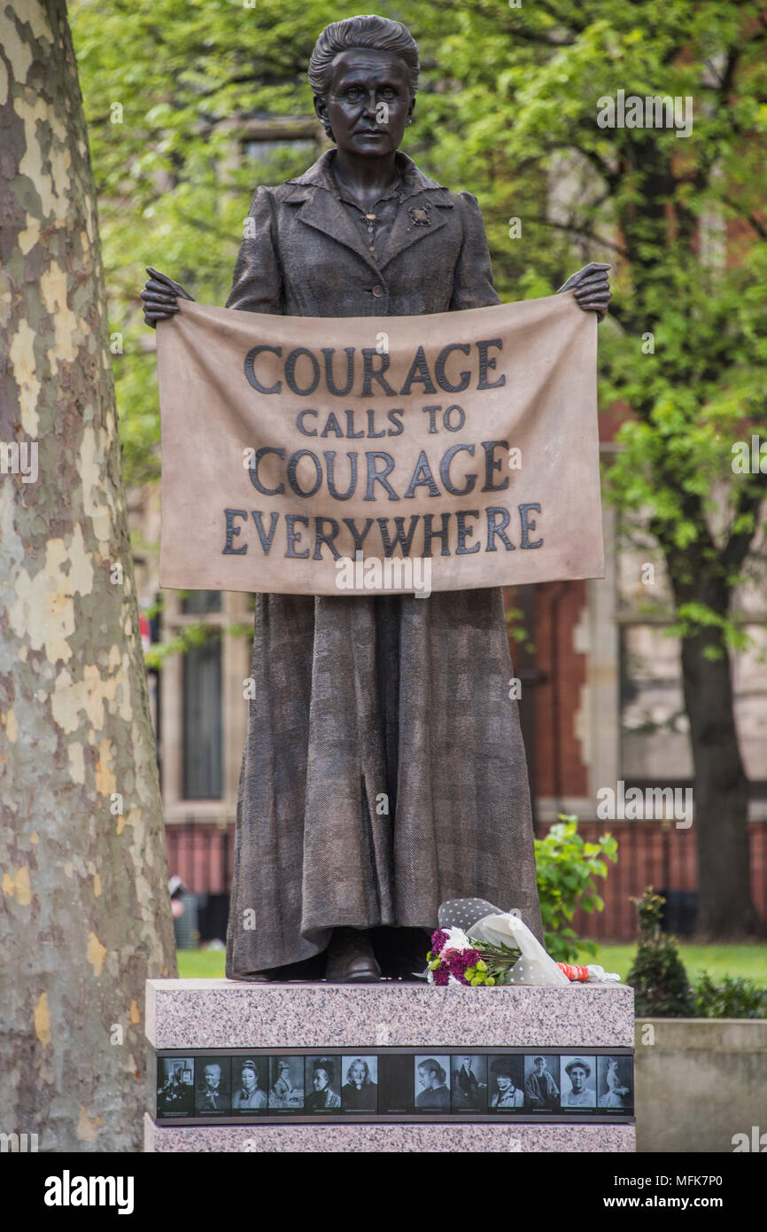 London, UK. 26th Apr, 2018. 8ft 4in bronze statue of the suffragist campaigner Millicent Fawcett is now in the shadow of the Houses of Parliament following a campaign led by Criado-Perez. It was created by Turner prize-winning artist Gillian Wearing, and shows Fawcett when she became president of the National Union of Women’s Suffrage Societies. She holds a banner that reads: “Courage Calls to Courage Everywhere”, an extract from a speech Fawcett made after the death of suffragette Emily Wilding Davison. Credit: Guy Bell/Alamy Live News Stock Photo