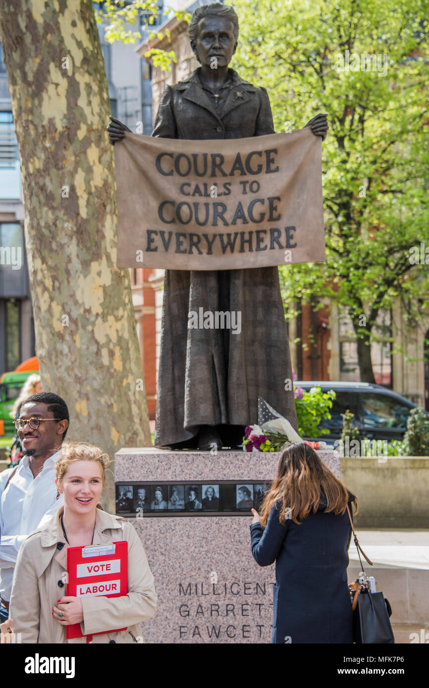 London, UK. 26th Apr, 2018. Labour Party local election campaigners pose for a selfie - 8ft 4in bronze statue of the suffragist campaigner Millicent Fawcett is now in the shadow of the Houses of Parliament following a campaign led by Criado-Perez. It was created by Turner prize-winning artist Gillian Wearing, and shows Fawcett when she became president of the National Union of Women’s Suffrage Societies. Credit: Guy Bell/Alamy Live News Stock Photo
