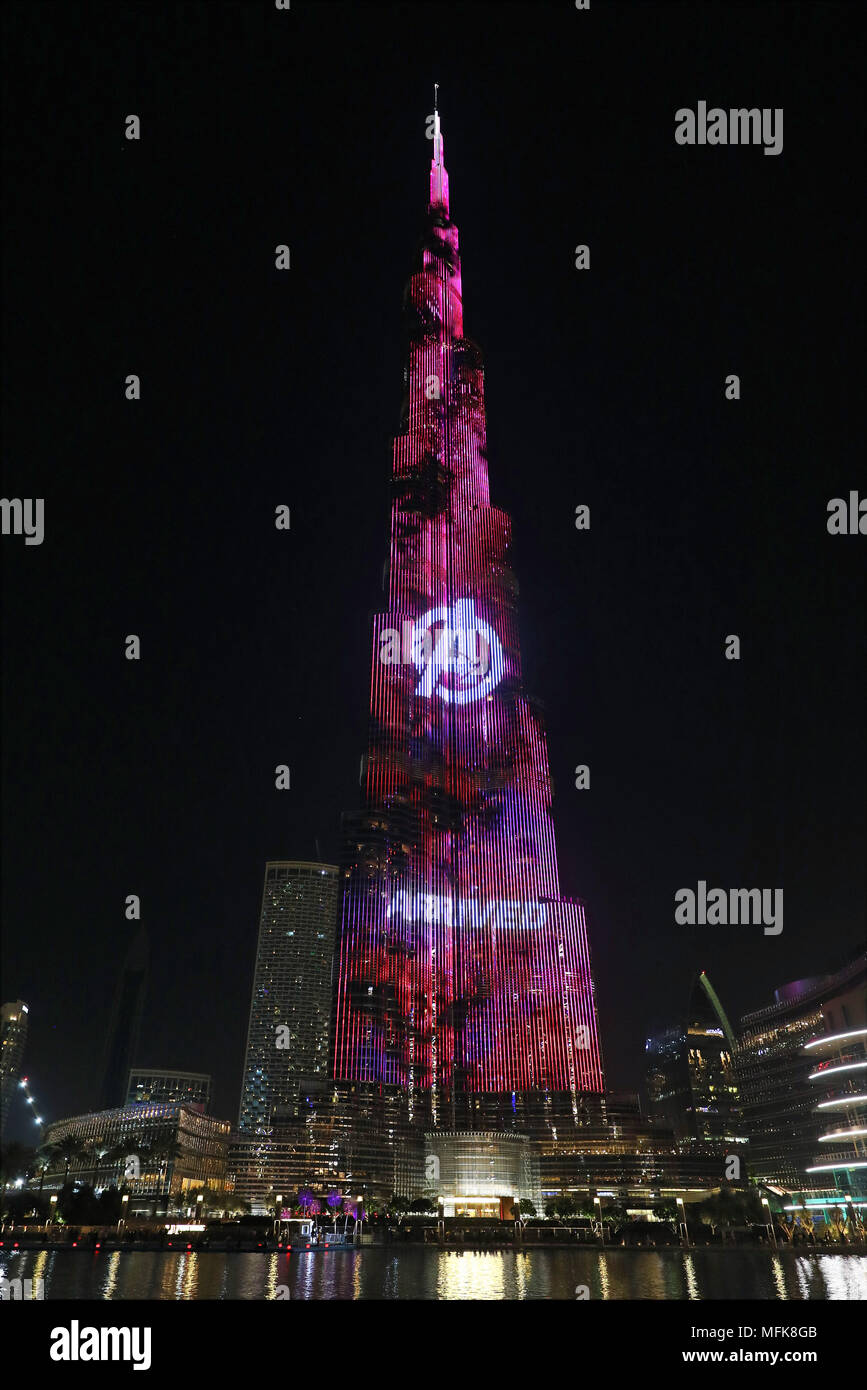 Dubai, UAE. 26th April 2018. The Burj Khalifa, the world's tallest building, was illuminated with film scenes from Marvel's Avengers Infinity War to promote the launch of the film in Dubai, UAE. Credit: Paul Brown/Alamy Live News Stock Photo