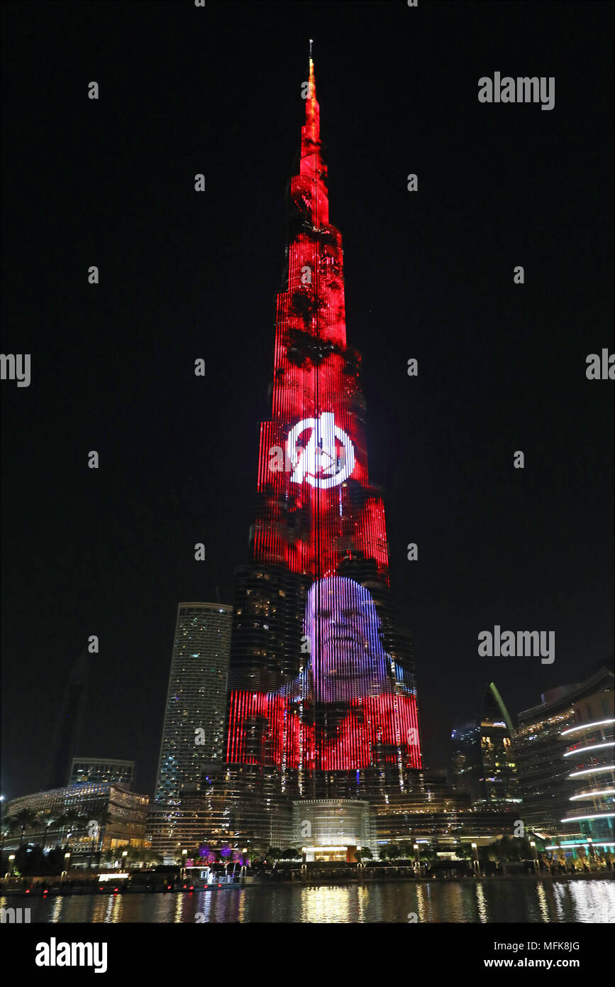 Dubai, UAE. 26th April 2018. Josh Brolin as Thanos. The Burj Khalifa, the world's tallest building, was illuminated with film scenes from Marvel's Avengers Infinity War to promote the launch of the film in Dubai, UAE. Credit: Paul Brown/Alamy Live News Stock Photo