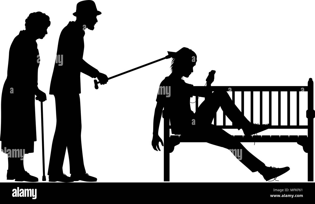 Editable vector silhouette illustration of an elderly couple poking a young man slouched on a park bench with figures as separate objects Stock Vector