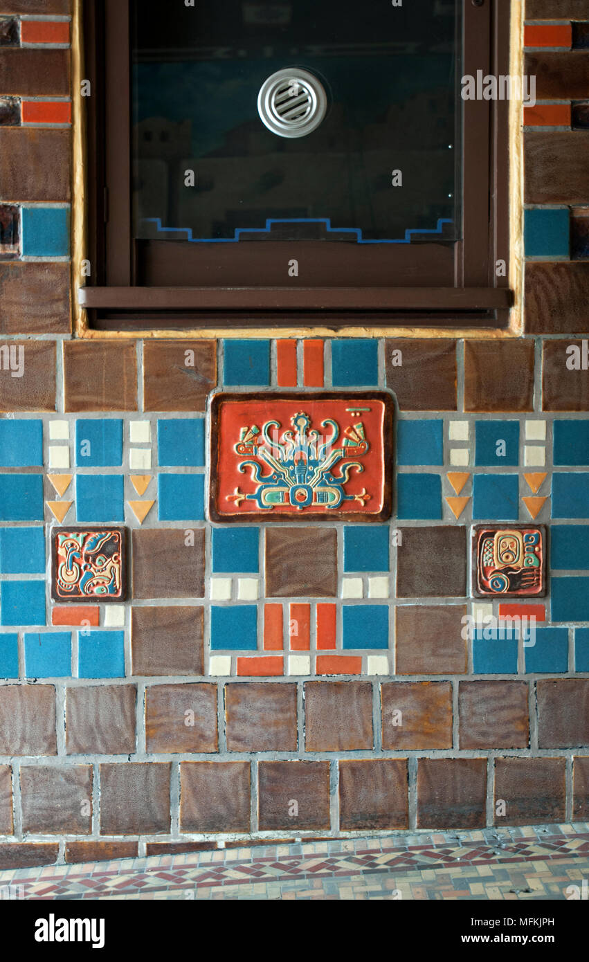 Detail showing a box office window and colorful tiles at the KiMo Theatre in Albuquerque, New Mexico. The historic landmark opened in 1927. Stock Photo