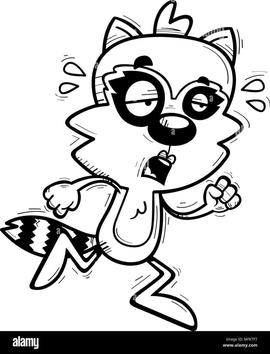 A cartoon illustration of a female raccoon running and looking