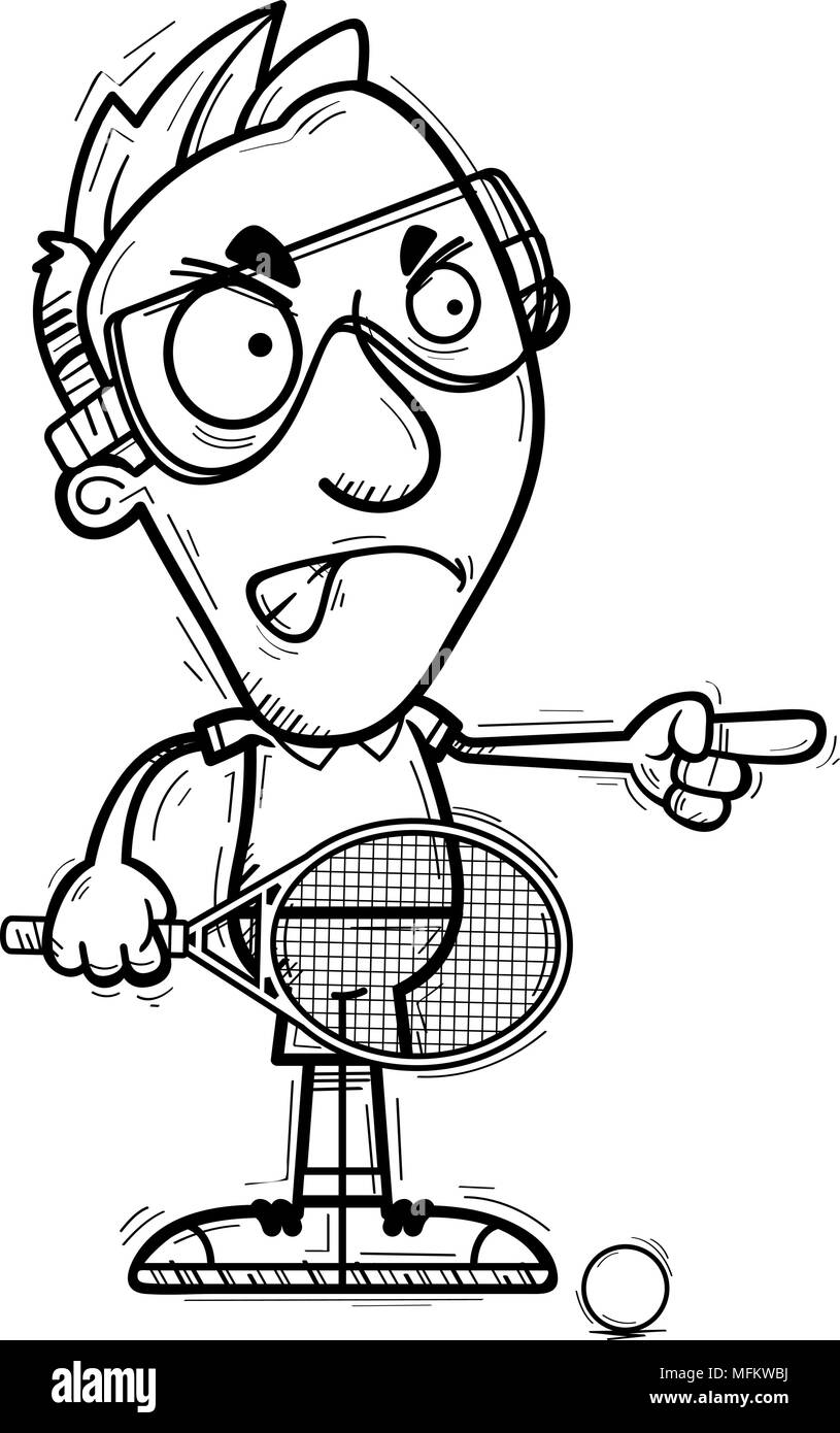 A cartoon illustration of a man racquetball player looking angry and