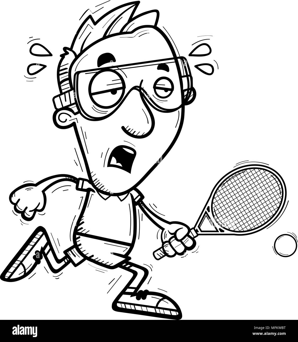 A cartoon illustration of a man racquetball player running and looking