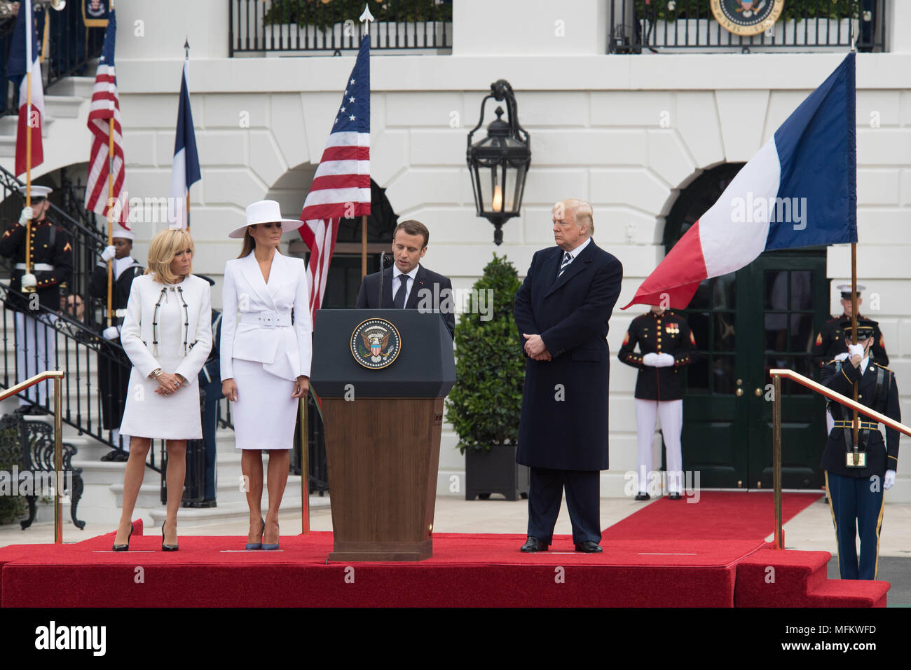 French President Emmanuel Macron speaks during a ceremony welcoming him to the White House, in Washington, D.C., April 24, 2018. (U.S Army photo by Zane Ecklund) Stock Photo