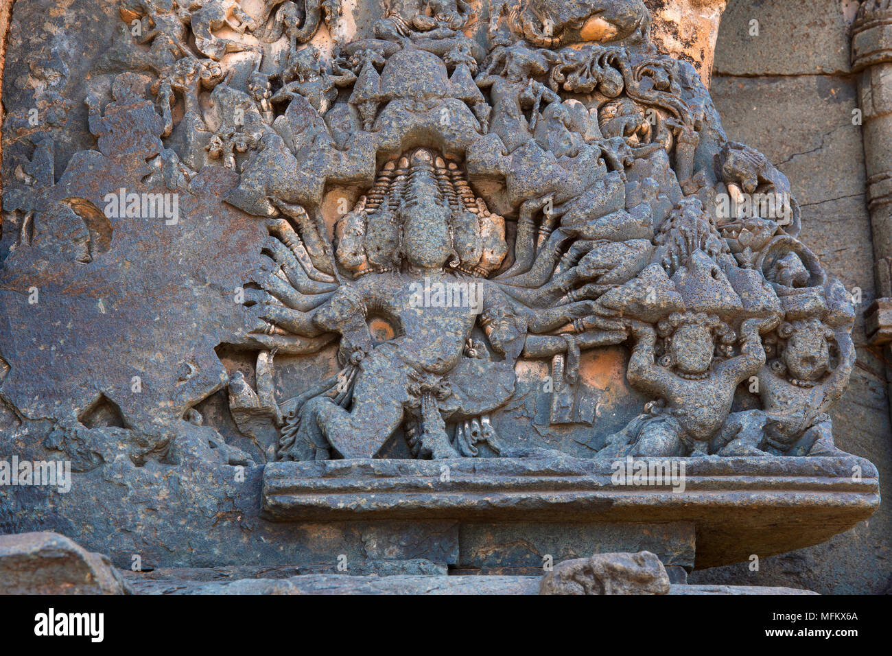 Ravana lifting Kailasha,  Kashivishvanatha Temple, Lakundi, Karnataka State, India. Stock Photo