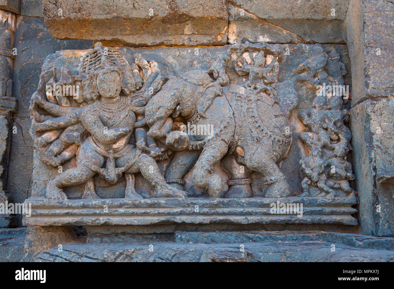 Ravana fighting with Indra, Kashivishvanatha Temple, Lakundi, Karnataka State, India. Stock Photo