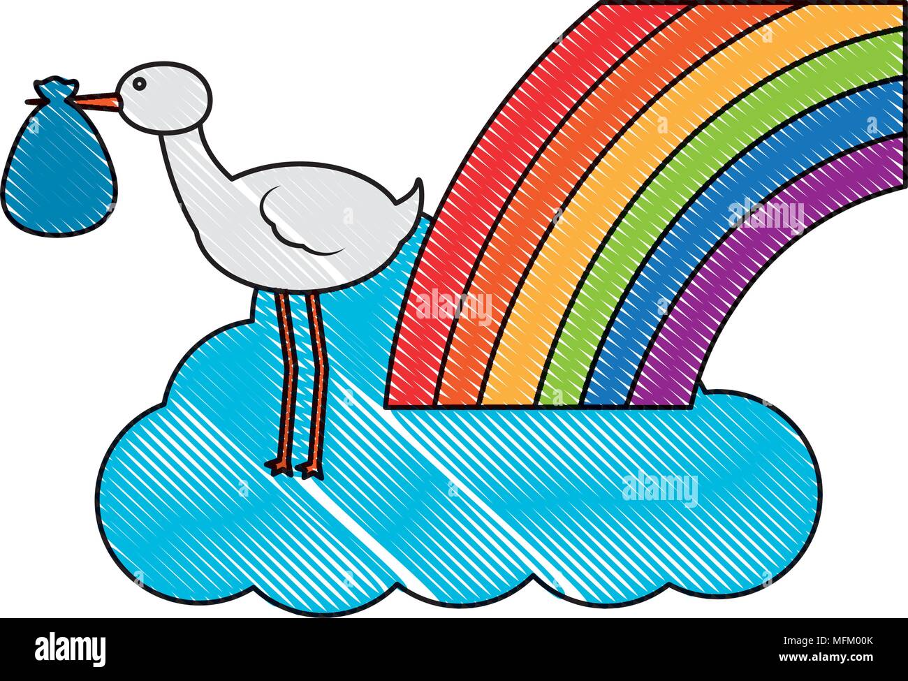 cute stork with bag in beak and cloud rainbow Stock Vector Image & Art ...