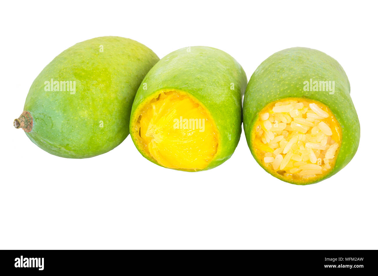 Abstract soft focus the rip of mango with sticky rice on the white backgroud.Local food in Thailand. Stock Photo