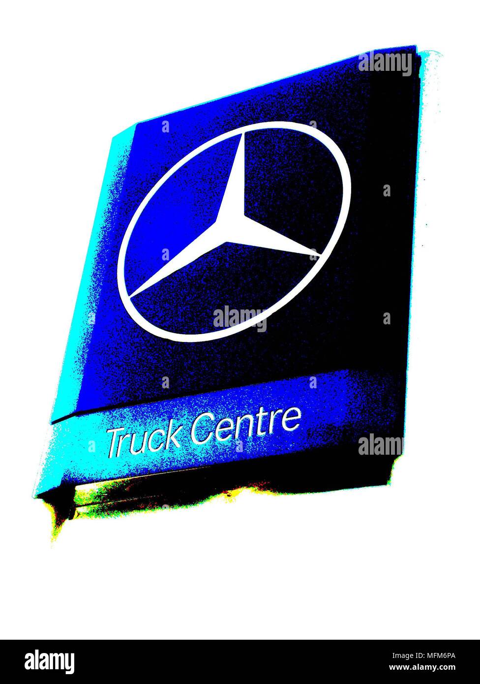 A large blue road side  Mercedes Benz logo dealership sign shot against a clear blue sky. The company specialises in truck sales.    Bandphoto / COMPU Stock Photo