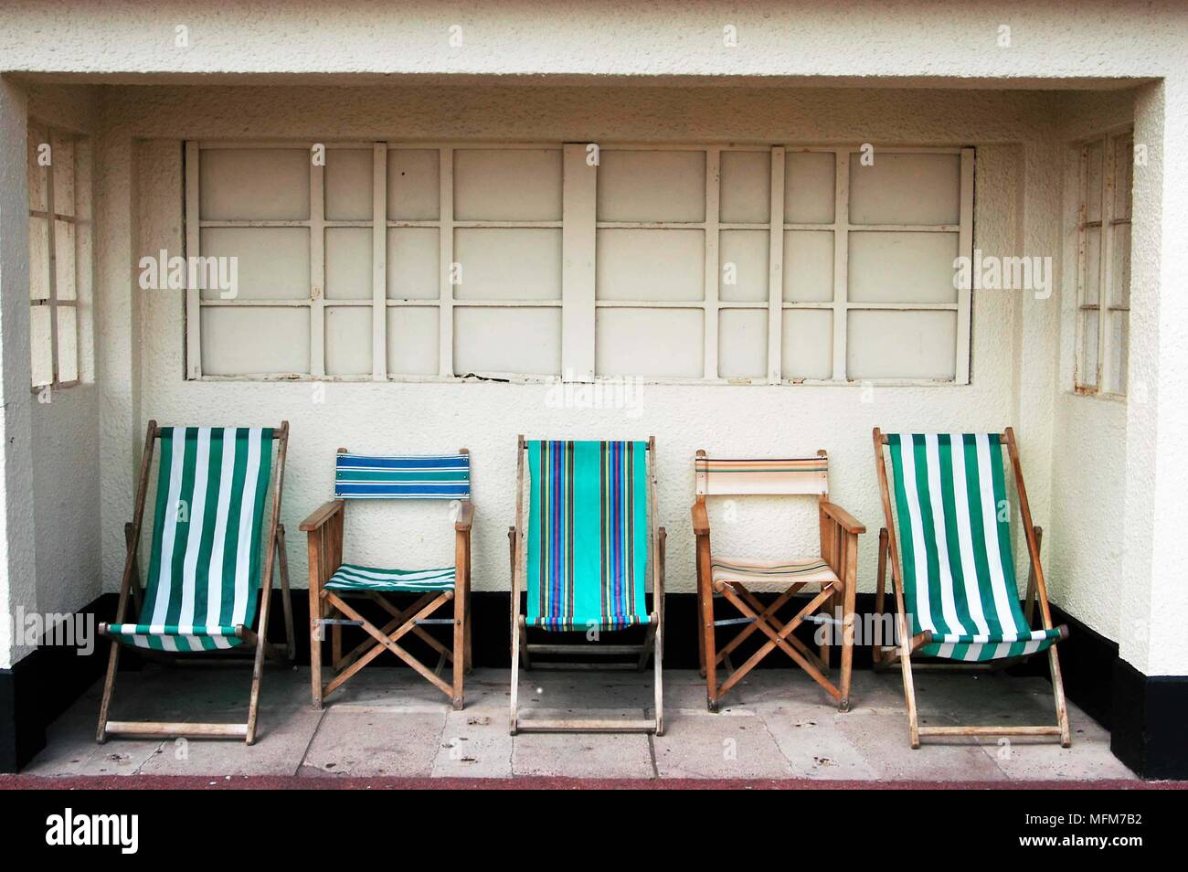 David Potter / Band /Hotshoe/Photoshot - Beach scenes - Deckchairs in a hut Great Yarmouth - UK. Bandphoto/COMPULSORY CREDIT: Hotshoe/Photoshot & Agen Stock Photo