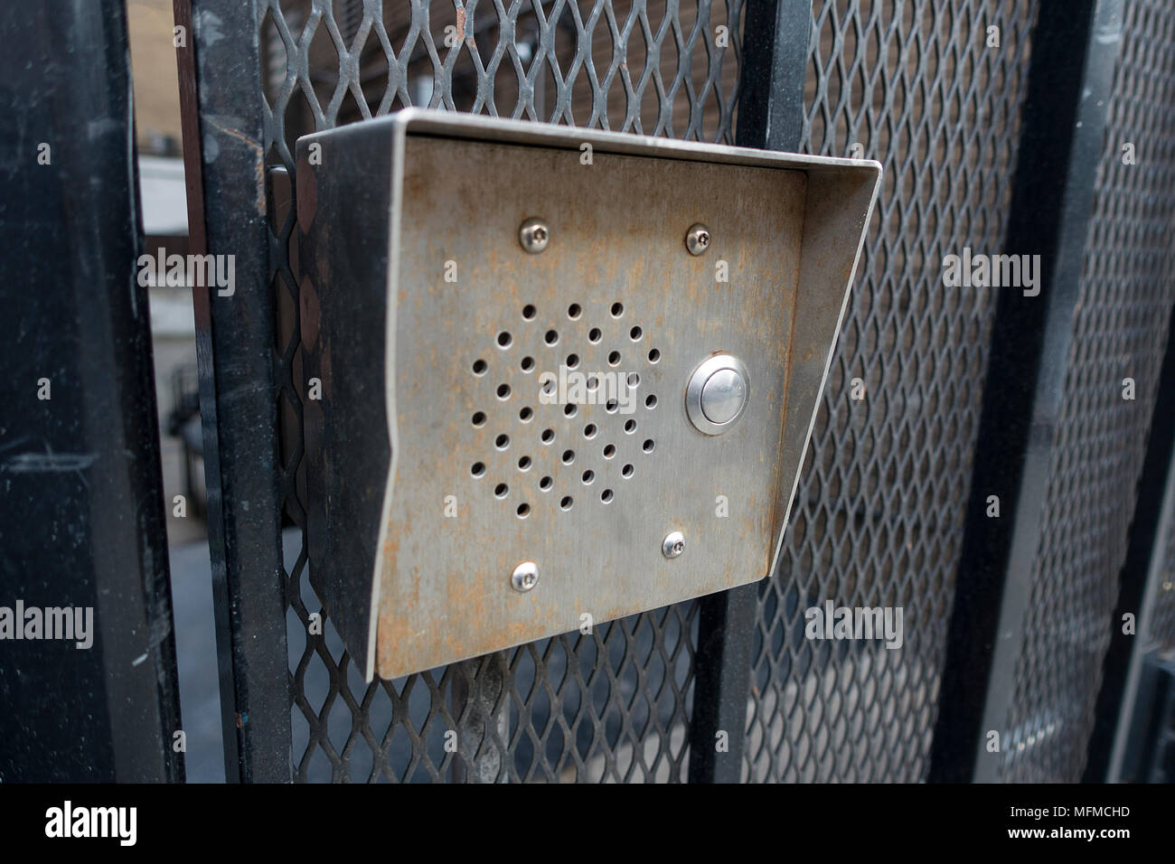 security steel intcomes system of a urban city brownstone building Stock Photo