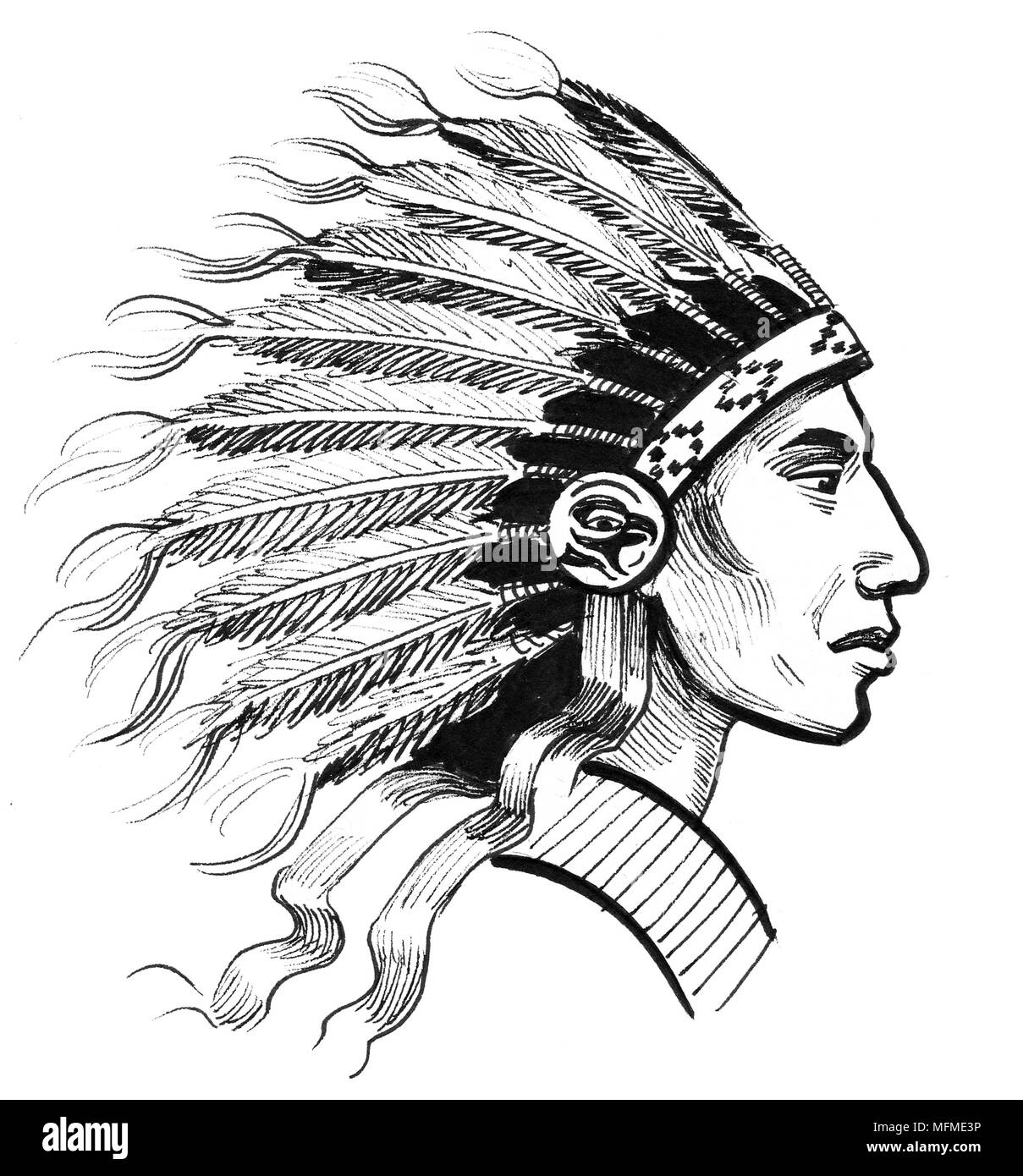 Native American in traditional atire. Ink black and white drawing Stock Photo
