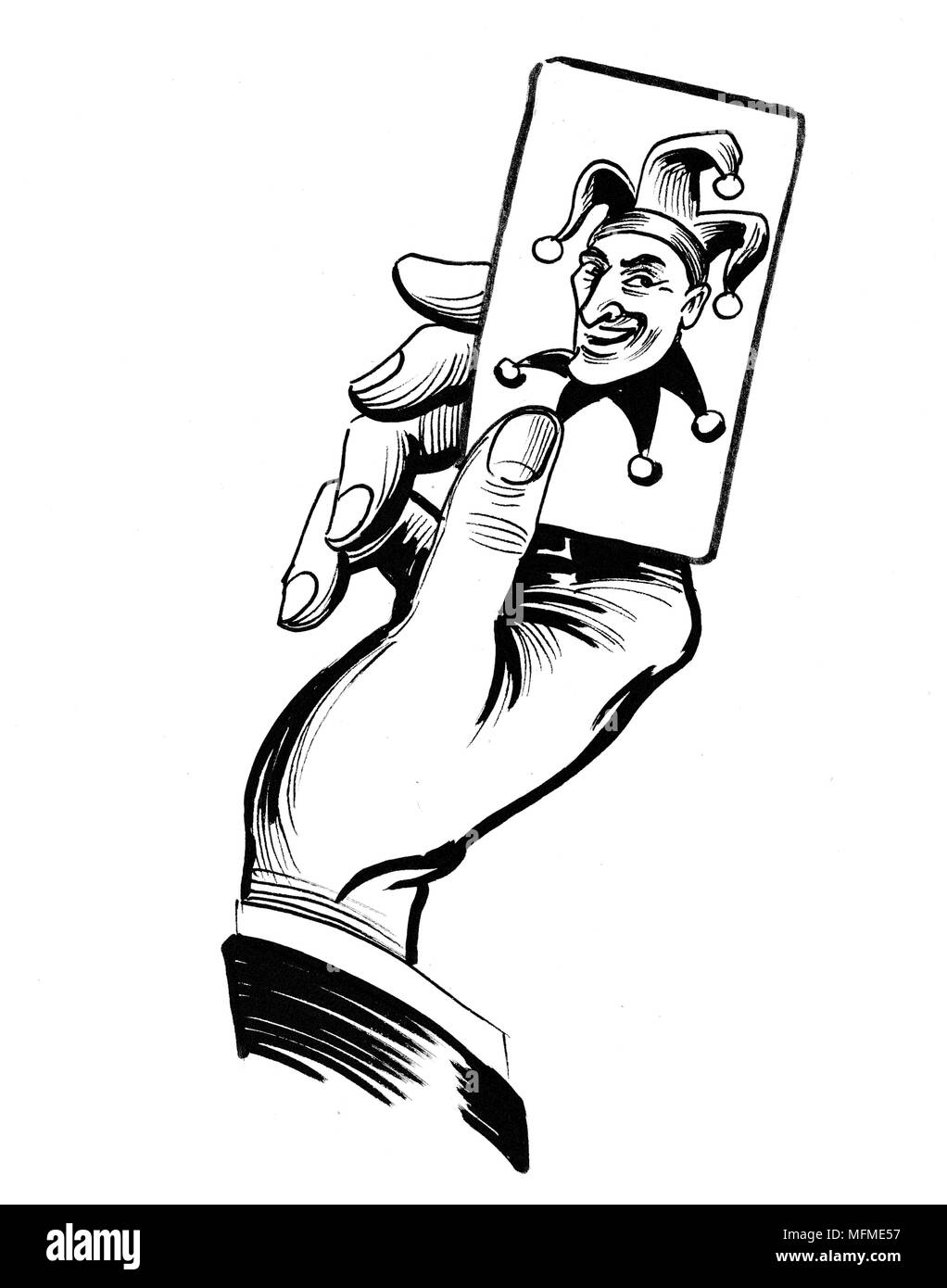 Hand With A Joker Card Ink Black And White Drawing Stock Photo Alamy