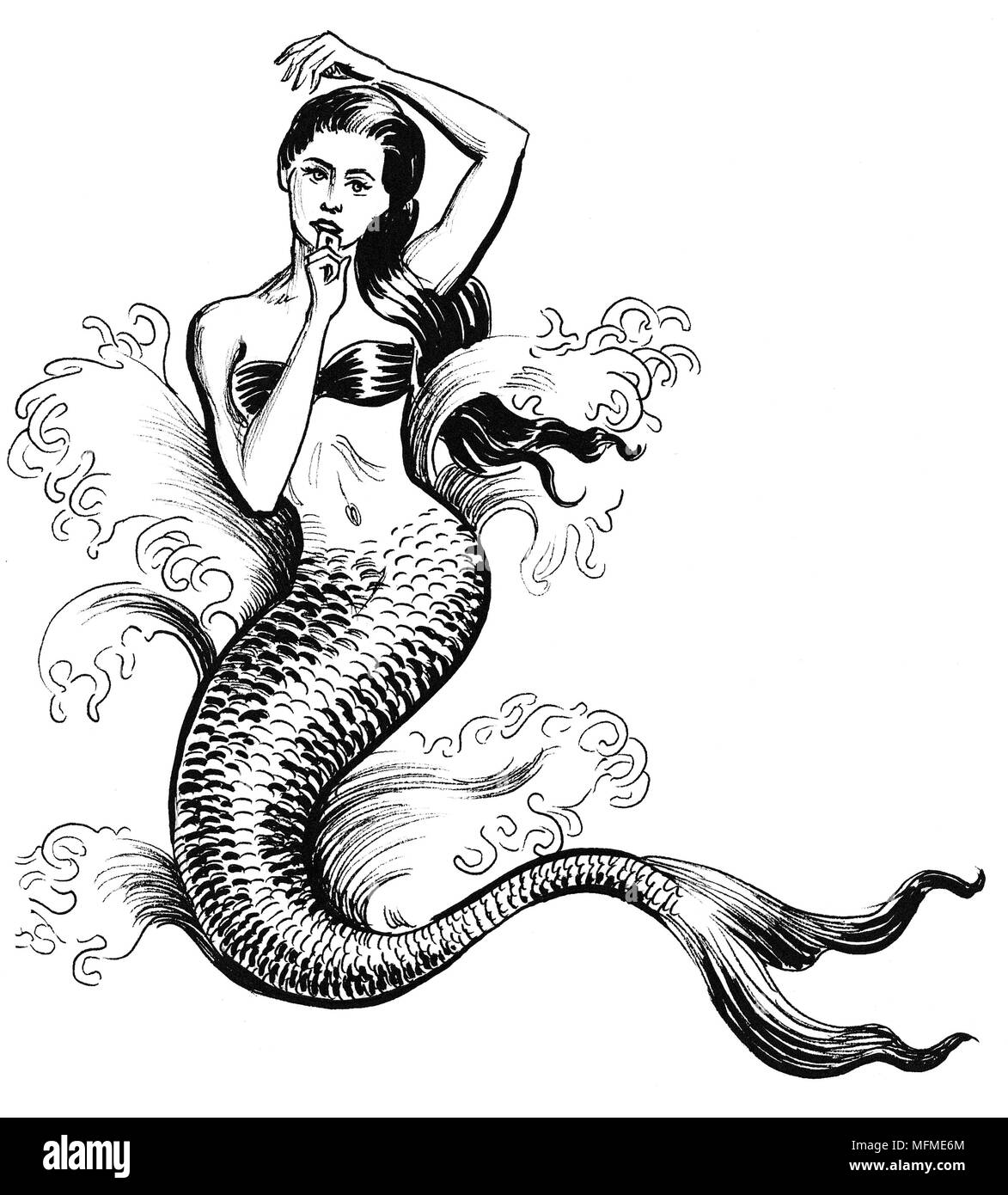 Ink black and white drawing of a pretty mermaid Stock Photo