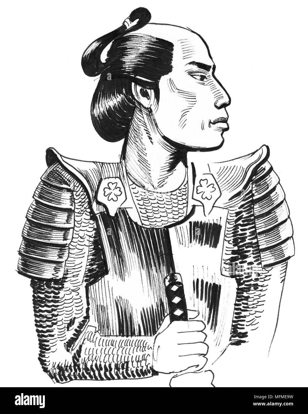 Samurai warrior. Ink black and white illustration Stock Photo